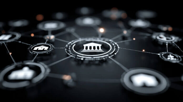 Digital governance nodes connecting policy, oversight, enforcement points, and networked authority architecture