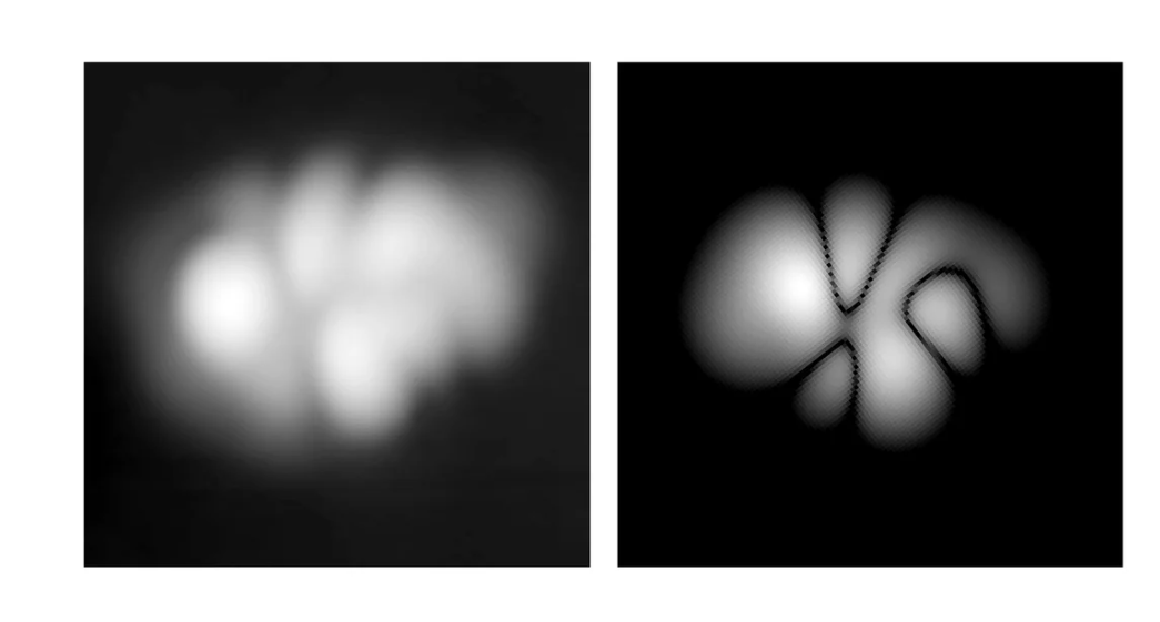 Izquierda: Imagen de microscopio de efecto túnel de la densidad de orbitales electrónicos de la nueva molécula "half-Möbius"; a la derecha, imagen simulada por STM de la densidad de orbitales de la molécula, realizada mediante un ordenador cuántico de IBM. FUENTE: IBM Research y la Universidad de Manchester.