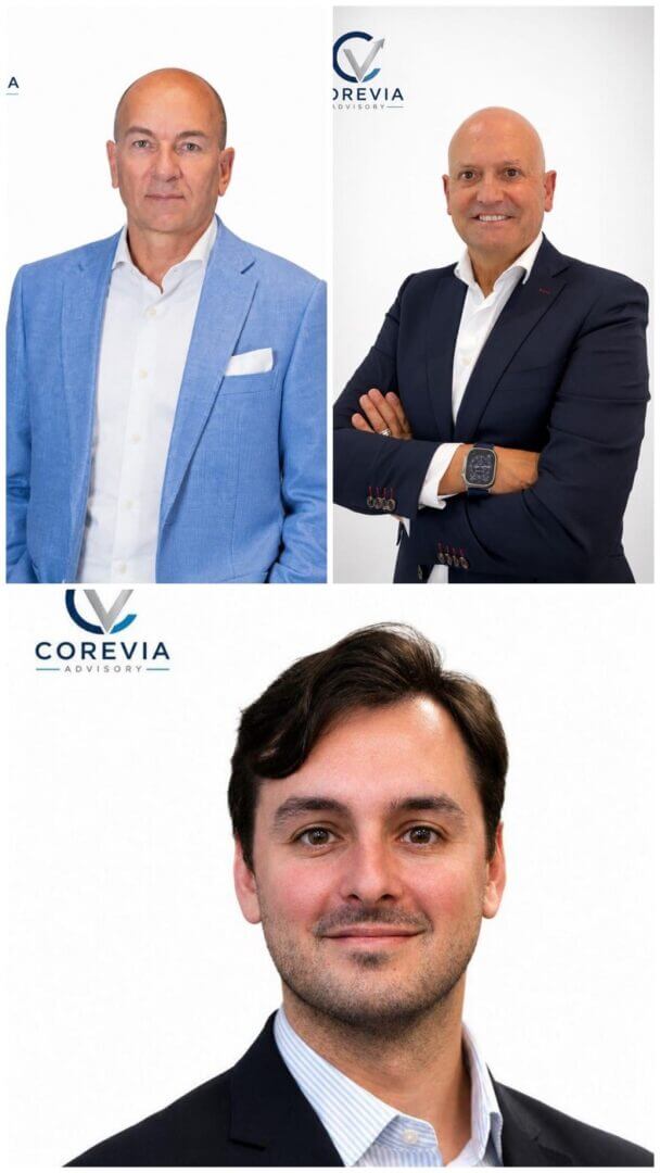 Equipo directivo de Corevia Advisory. Arriba a la izquierda, Robert Assink, a su derecha, Armando Layna, y abajo, Emilio Jaime Sánchez González